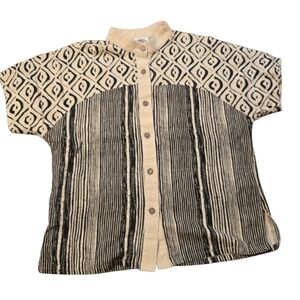 Produce Company Vintage Top Petite Medium Tan Black Tribal Batik Cotton